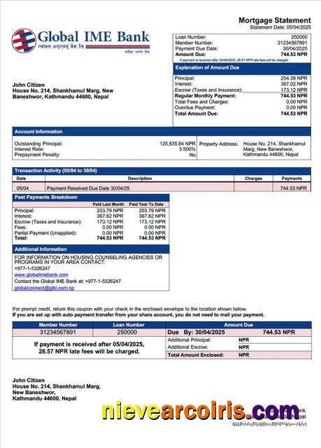 Nepal Global IME Bank mortgage statement Word and PDF template